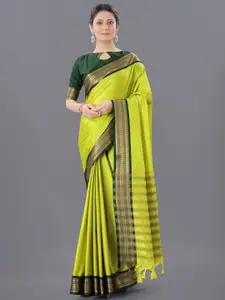WILORI Lime Green & Green Woven Design Zari Silk Cotton Mysore Silk Saree