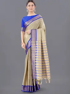 WILORI Beige & Blue Woven Design Zari Silk Cotton Mysore Silk Saree