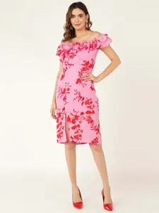 DODO & MOA Pink & Red Off-Shoulder Crepe Sheath Dress
