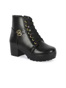 ZAPATOZ Girls Black PU Block Heel Boots with Buckles