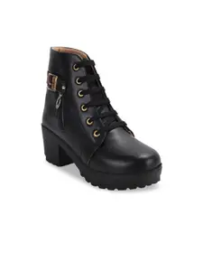 ZAPATOZ Girls Black PU Block Heel Boots
