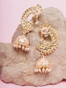 DIVA WALK Pink & White Gold-Plated Kundan Contemporary Jhumkas Earrings