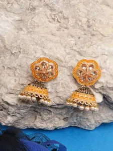DIVA WALK Orange & White Gold-Plated Kundan Dome Shaped Jhumkas Earrings