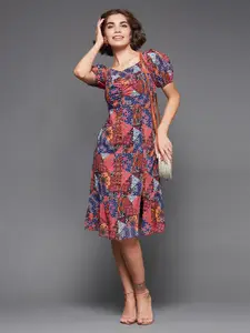 Miss Chase Red & Blue Ethnic Motifs A-Line Puff Sleeve Dress