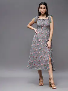 Miss Chase Grey & Pink Floral Georgette Empire Midi Dress
