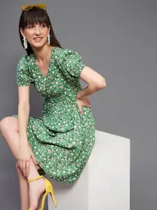 Miss Chase Green & White Floral Print V-Neck Fit & Flare Cotton Dress