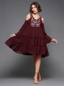Miss Chase Women Maroon Embellished Tiered Cold Shoulder A-Line Knee-Length Dress