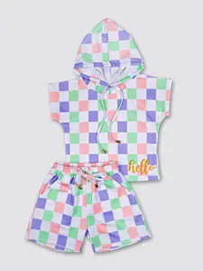 MYY Girls White & Green Checked Hooded T-shirt with Shorts