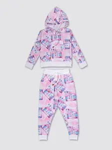 MYY Girls Pink & Blue Printed Hooded T-shirt with Pyjamas
