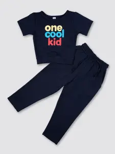 MYY Girls Navy Blue & Red Printed T-shirt with Pyjamas
