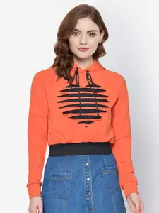 Martini Women Orange & Black Printed Hooded Crop Sweatshirt