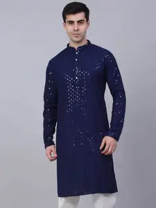 Jompers Men Ethnic Motifs Mirror Work Indigo Cotton Kurta