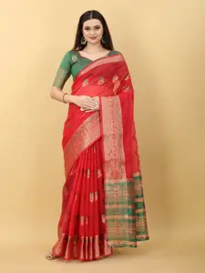 JSItaliya Red & Green Woven Design Zari Silk Blend Banarasi Saree
