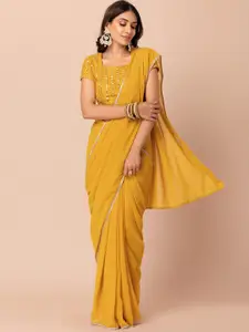 INDYA Yellow Solid Zari Saree