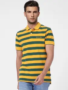 Jack & Jones Men Yellow Striped Polo Collar Cotton Slim Fit T-shirt