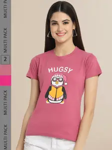 Fabflee Women Rose & Pink Pack of 2 Typography Printed Cotton T-shirt