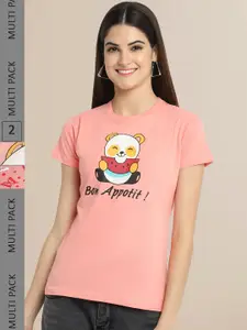 Fabflee Women Peach Pack of 2 Printed Cotton T-shirt