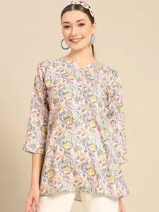 all about you Grey Floral Printed V-Neck Kurti