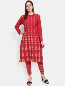 V-Mart Women Red Ethnic Motifs Embroidered Thread Work Cotton Kurta