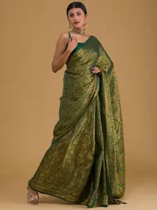 Koskii Green & Gold-Toned Ethnic Motifs Zari Banarasi Saree