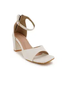 SCENTRA White Block Heels with Buckles