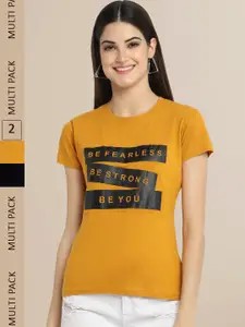 Fabflee Women Pack of 2 Mustard Yellow & Black Typography Printed Cotton T-shirt