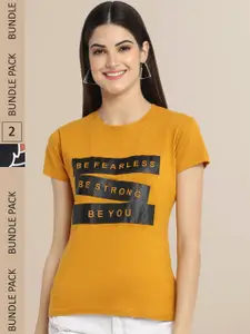 Fabflee Women Mustard Yellow & Beige Pack of 2 Graphic Printed Cotton T-shirt