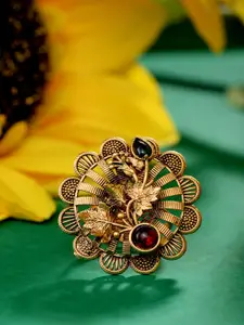 Saraf RS Jewellery Gold-Plated Red & Green AD Studded & Beaded Finger Ring