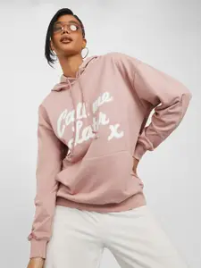 Styli Women Pink & White Printed Hooded Cotton Sweatshirt