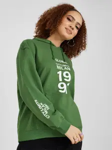 Styli Women Green Printed Hooded Cotton Sweatshirt