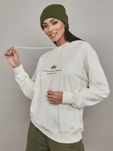 Styli Women Cream-Coloured Hooded Cotton Sweatshirt