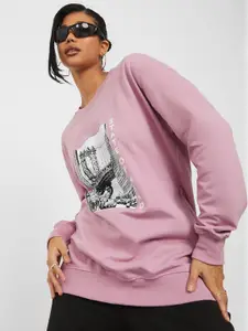 Styli Women Pink Printed Cotton Sweatshirt