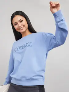 Styli Women Blue Embroidered Cotton Sweatshirt