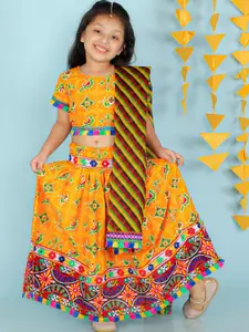 KID1 Girls Yellow & Green Printed Cotton Ready to Wear Lehenga & Blouse With Dupatta