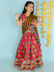 KID1 Girls Pink & Yellow Printed Cotton Ready to Wear Lehenga & Blouse With Dupatta