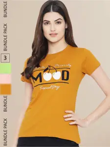 Fabflee Women Mustard Yellow & Peach-Coloured  Pack of 3 Printed T-shirt