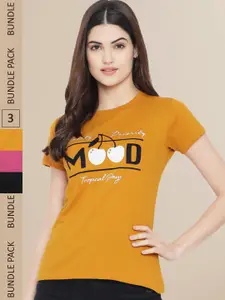 Fabflee Women Black & Mustard Yellow Pack of 3 Typography Printed Cotton T-shirts