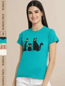 Fabflee Women Teal & Bronze-Toned Pack of 3 Printed Cotton T-shirt