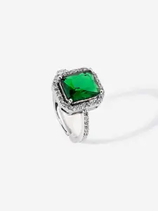 March by FableStreet Green 92.5 Sterling Silver Rhodium-Plated CZ Stone-Studded Ring
