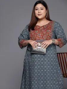 Varanga Women Plus Size Blue & Maroon Ethnic Motifs Printed Kurta