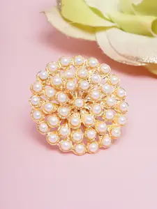 DIVA WALK Gold-Toned & White Pearls Studded Gold-Plated Finger Ring