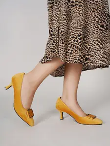 DressBerry Yellow Velvet Kitten Pumps Heels with Bows