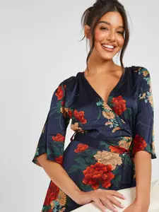Boohoo Navy Blue & Red Floral Dress
