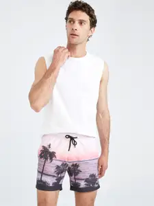 DeFacto Men Off White & Pink Printed Swim Shorts