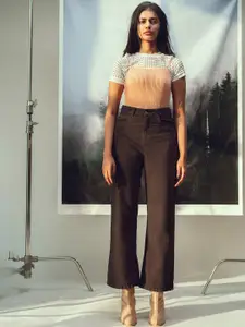 FREAKINS Women Brown Wide Leg High-Rise Pure Cotton Jeans