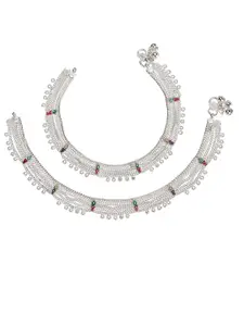 AanyaCentric Women Silver-Plated Red & Green Stone-Studded & Beaded Anklet