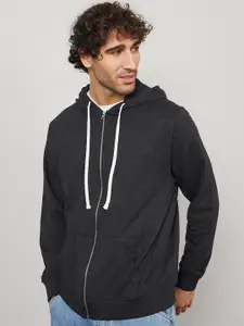 Styli Styli Men Charcoal Solid Hooded Cotton Sweatshirt