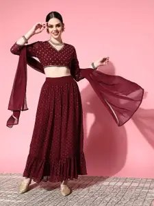 Sunehri Maroon & Golden Sequinned Ready to Wear Lehenga & Blouse With Dupatta