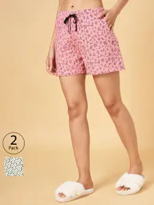 YU by Pantaloons Women Pink & White Pack Of 2 Printed Cotton Lounge Shorts
