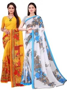 Silk Bazar Yellow & White Pack of 2 Floral Printed Pure Georgette Sarees